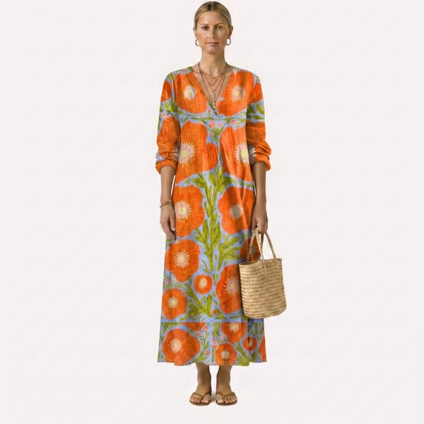Vestido midi naranja con flores y hojas, cuello V, mangas 3/4 y dobladillo recto