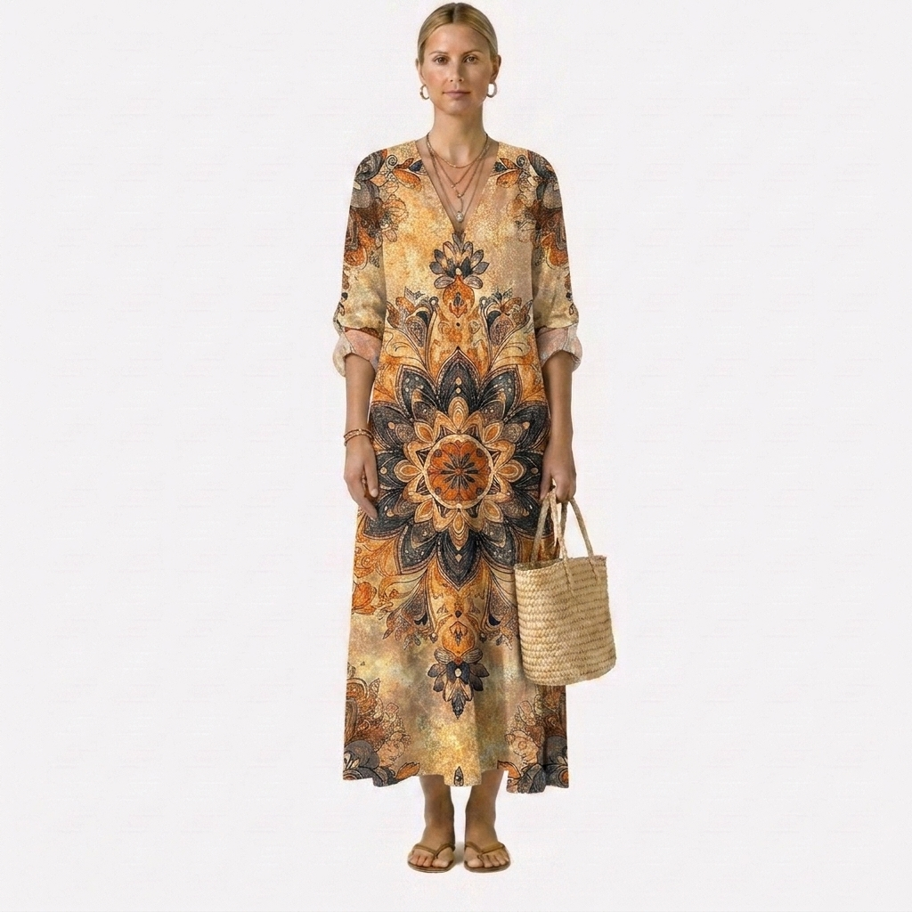 Vestido floral midi con estampado mandala en tonos beige, azul marino y naranja; escote V