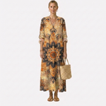 Vestido floral midi con estampado mandala en tonos beige, azul marino y naranja; escote V