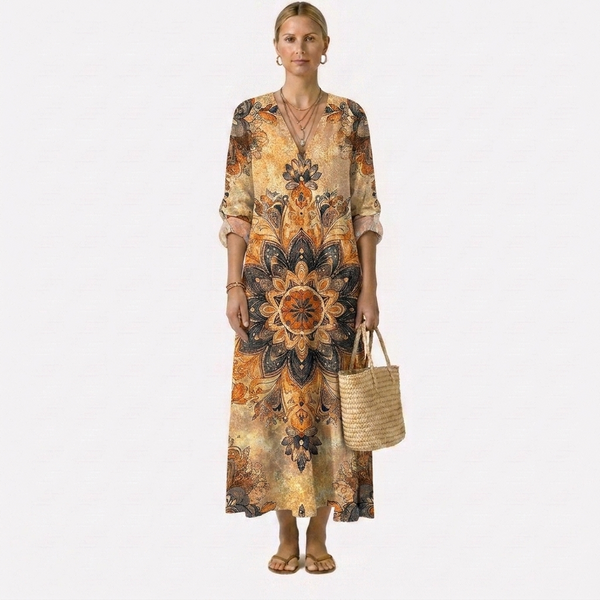 Vestido floral midi con estampado mandala en tonos beige, azul marino y naranja; escote V