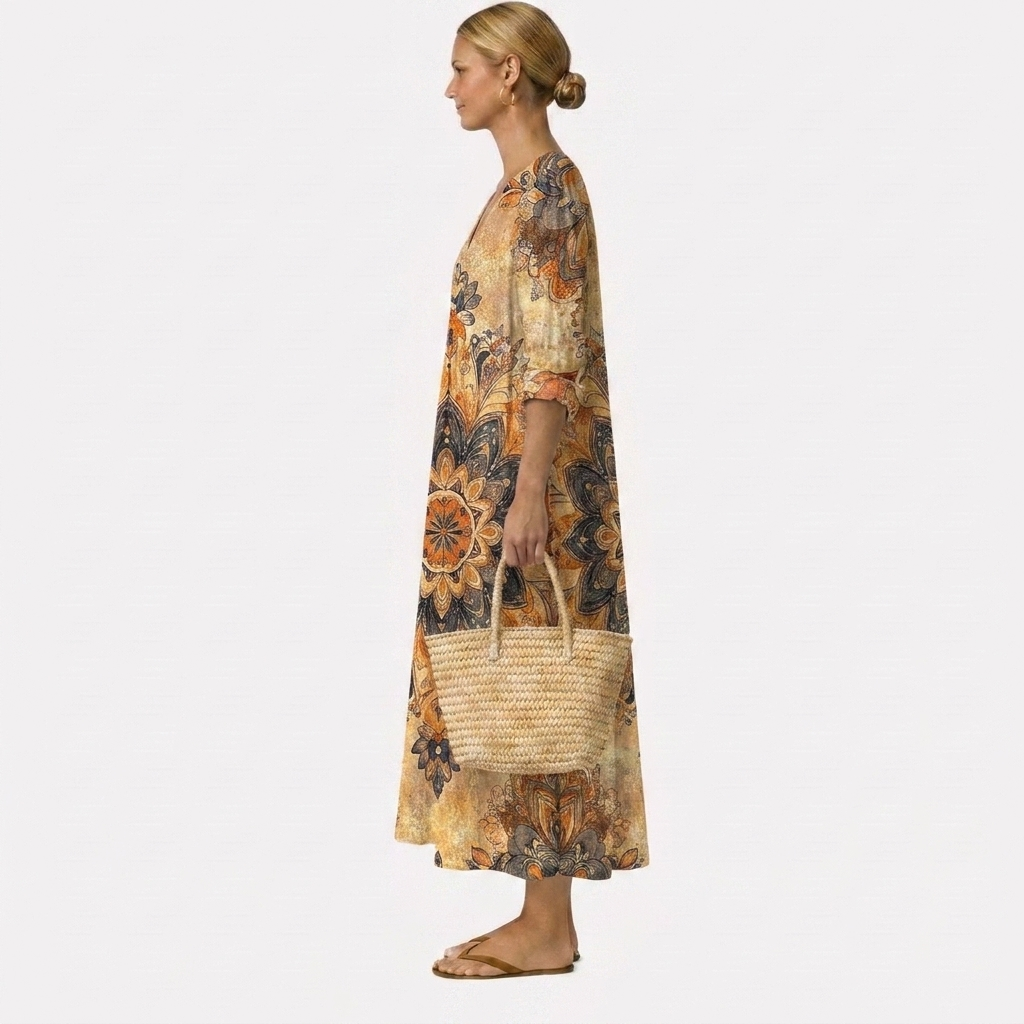 Vestido floral midi de caída amplia con estampado mandala; vista lateral
