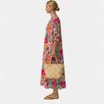 Vestido midi floral multicolor con escote en V y caída suelta, mangas 3/4
