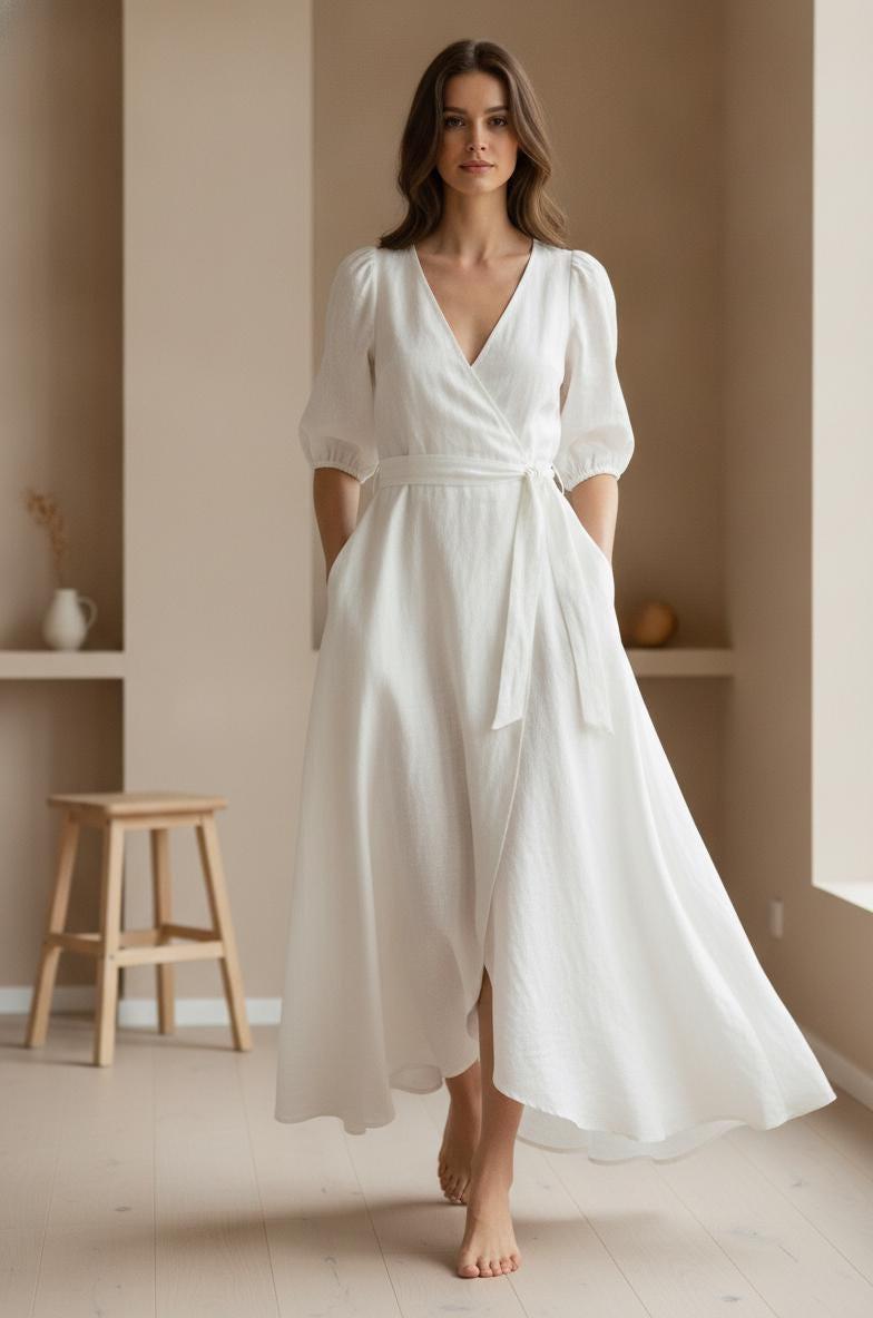 Vestido midi-largo blanco con escote en V cruzado, manga globo y cinturón