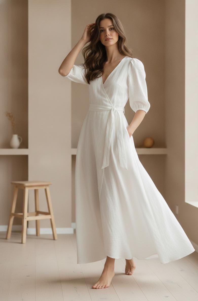 Vestido largo blanco cruzado, con manga globo corta y falda amplia