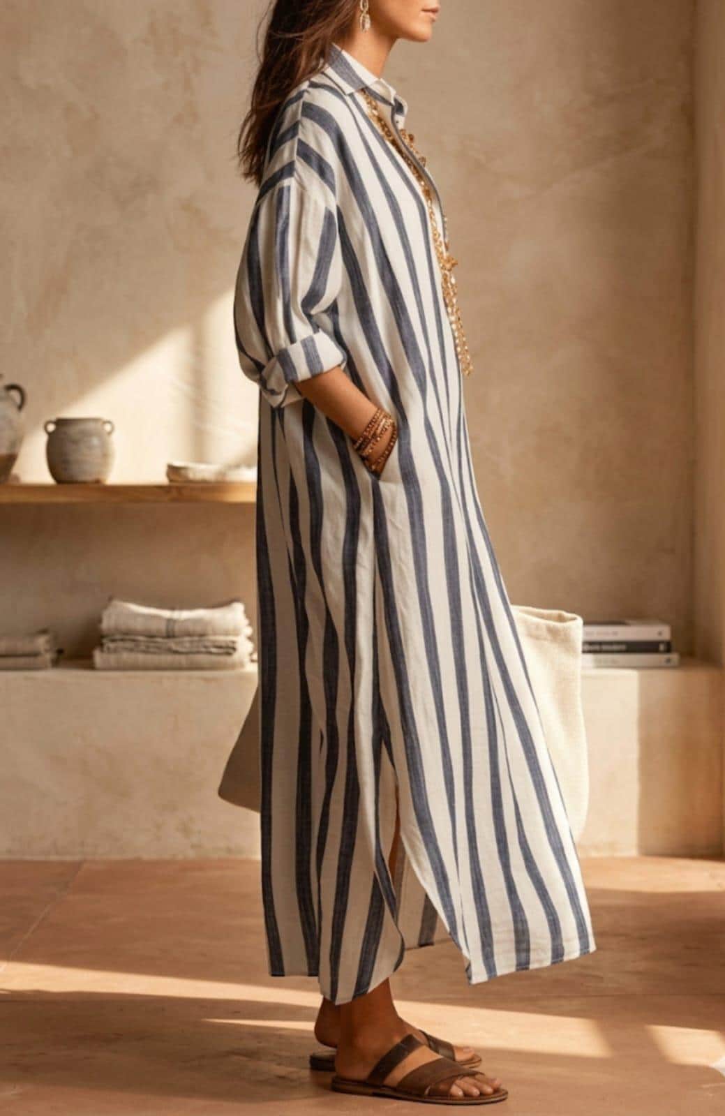 Vestido de rayas verticales oscuras y blancas, con botones y abertura