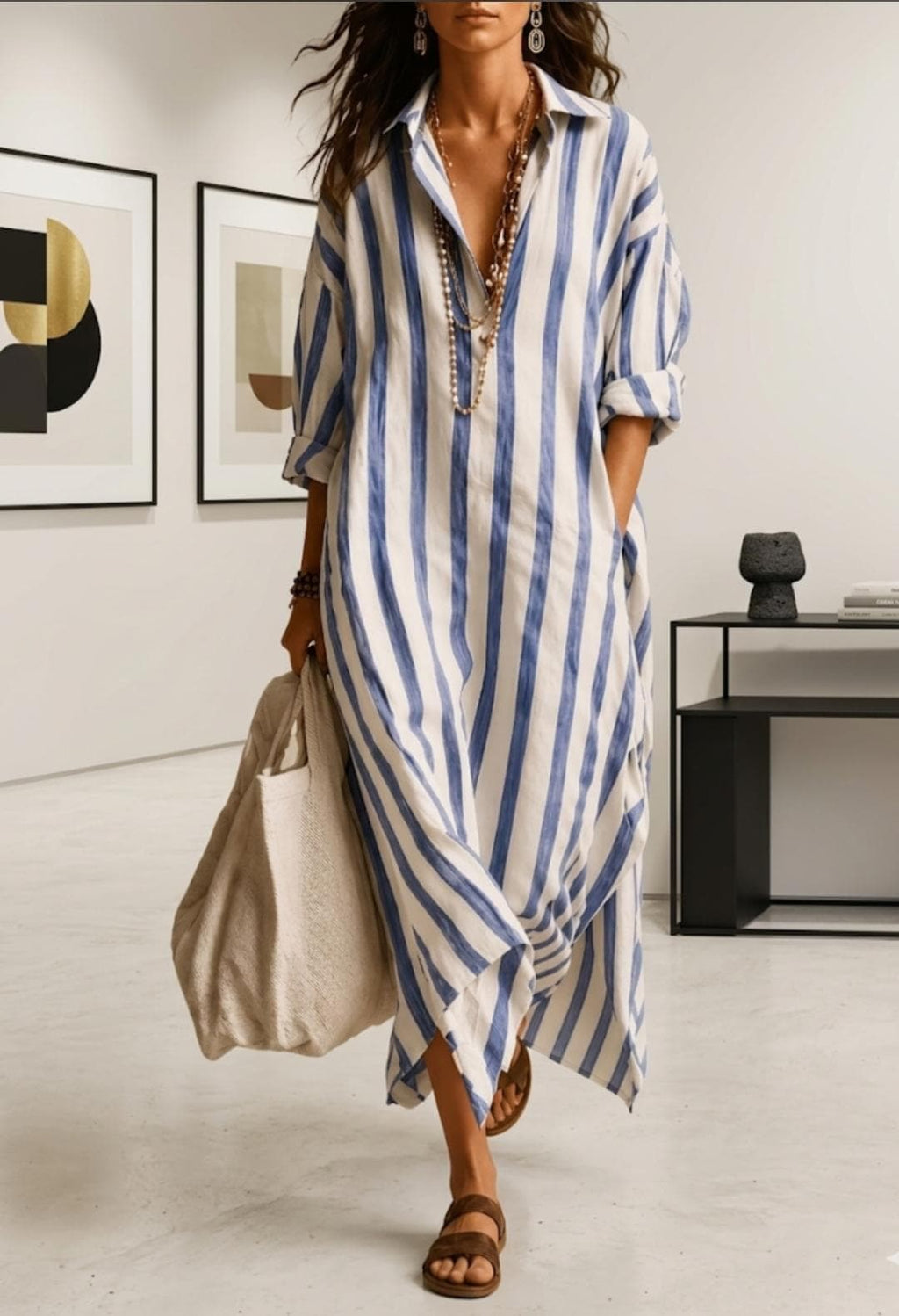 Vestido de rayas verticales azul y blanco, manga abullonada y escote en V
