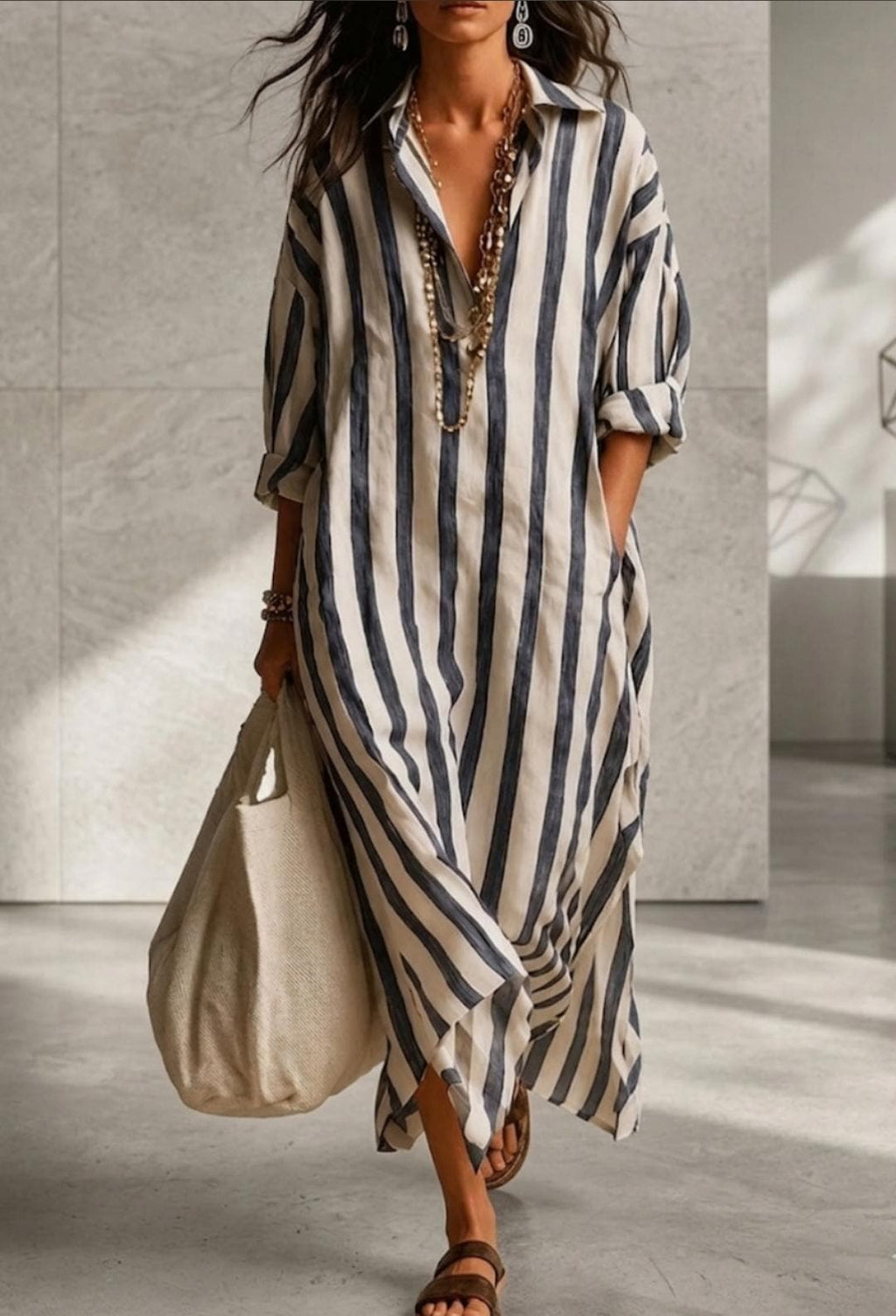 Vestido de rayas verticales azul y blanco, escote en V con botones