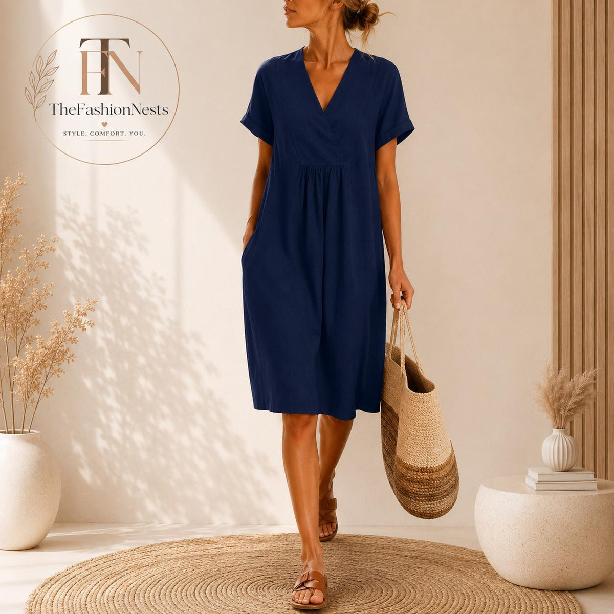 Vestido midi de lino para mujer, con cuello en V.