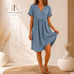 Vestido midi de lino para mujer, con cuello en V.