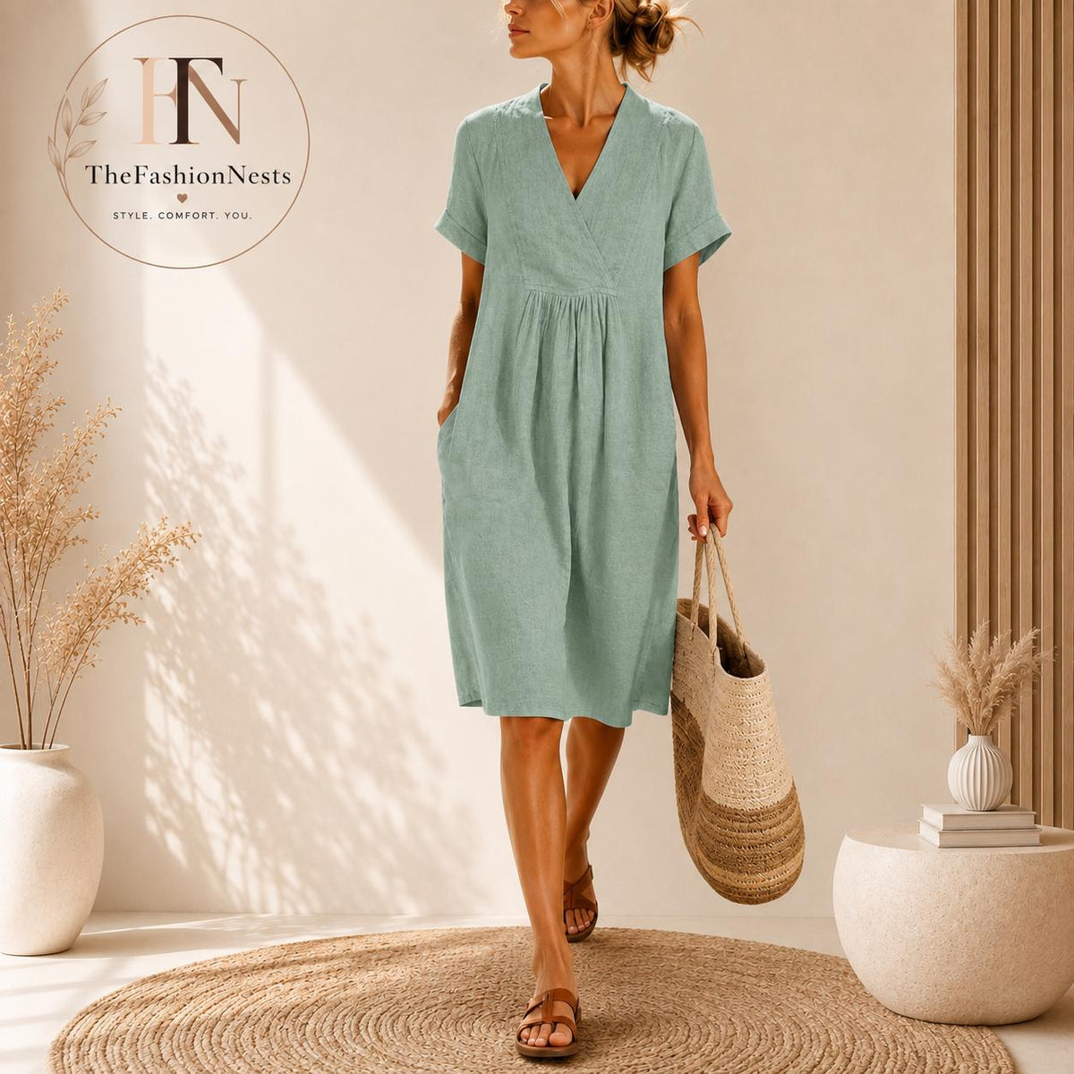 Vestido midi de lino para mujer, con cuello en V.