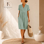 Vestido midi de lino para mujer, con cuello en V.