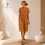 Vestido midi de lino para mujer, con cuello en V.