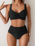 Bikini moldeador de cintura alta negro, sujetador con nudo y braguita fruncida de tiro alto