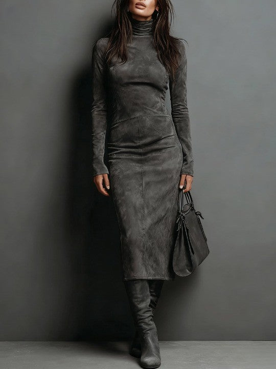 Vestido midi de ante marrón oscuro, cuello alto y paneles entallados en el frente