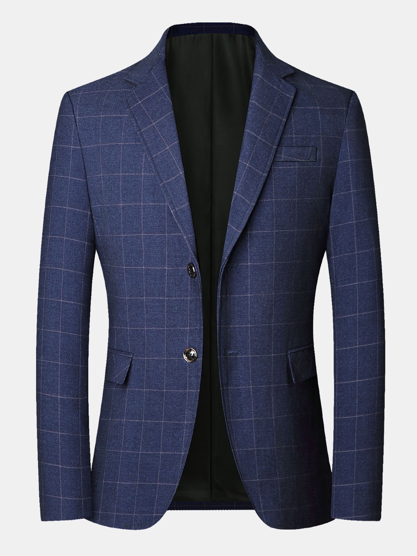 Blazer azul marino con cuadros sutiles, solapas y cierre de botones metálicos