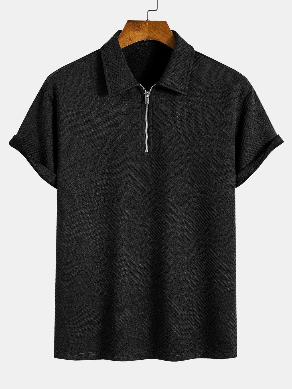 Polo con cremallera, tejido jacquard a rayas, negro