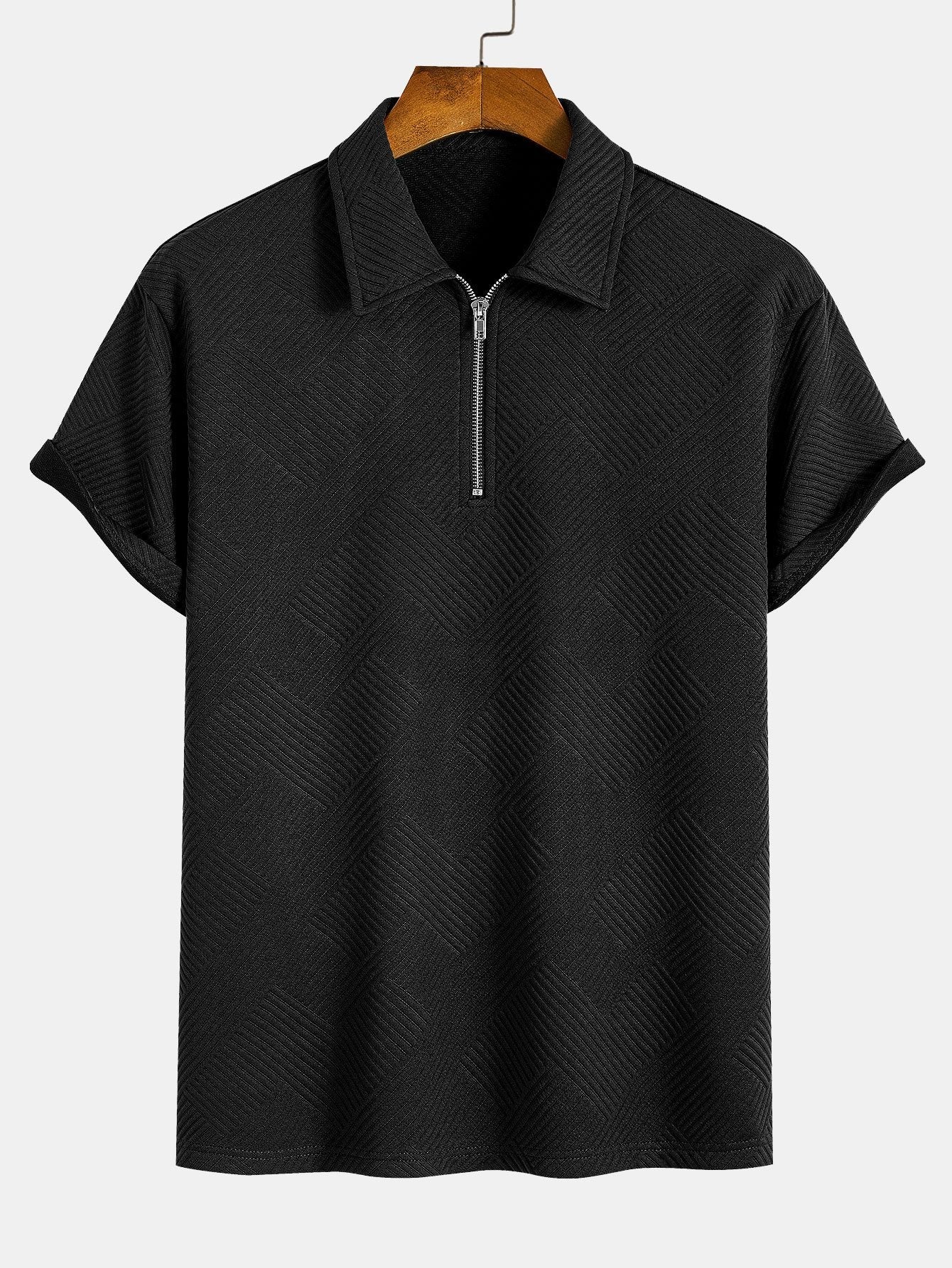 Polo con cremallera, tejido jacquard a rayas, negro