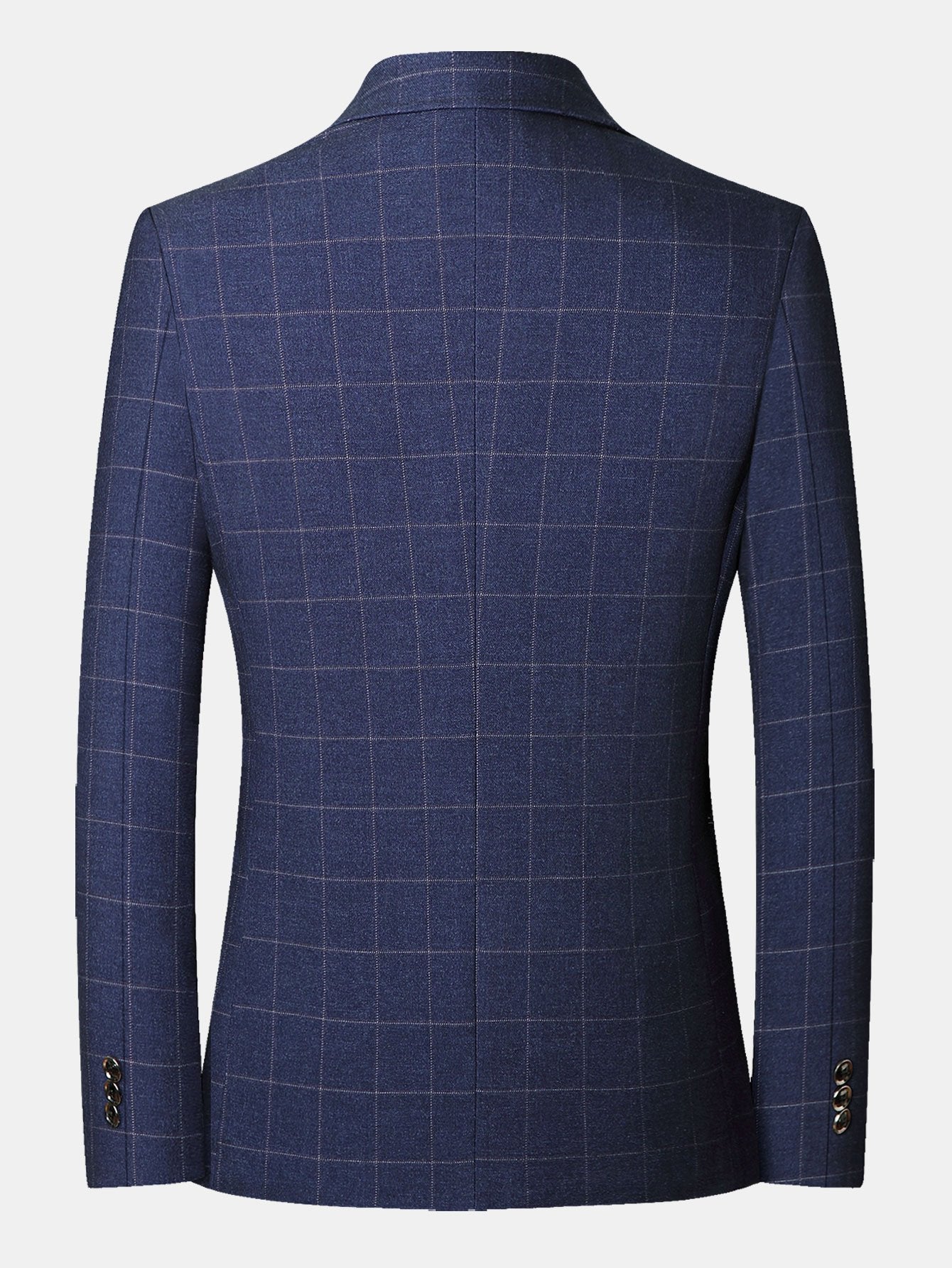 Blazer azul marino de cuadros, vista trasera con costura central y puños con botones