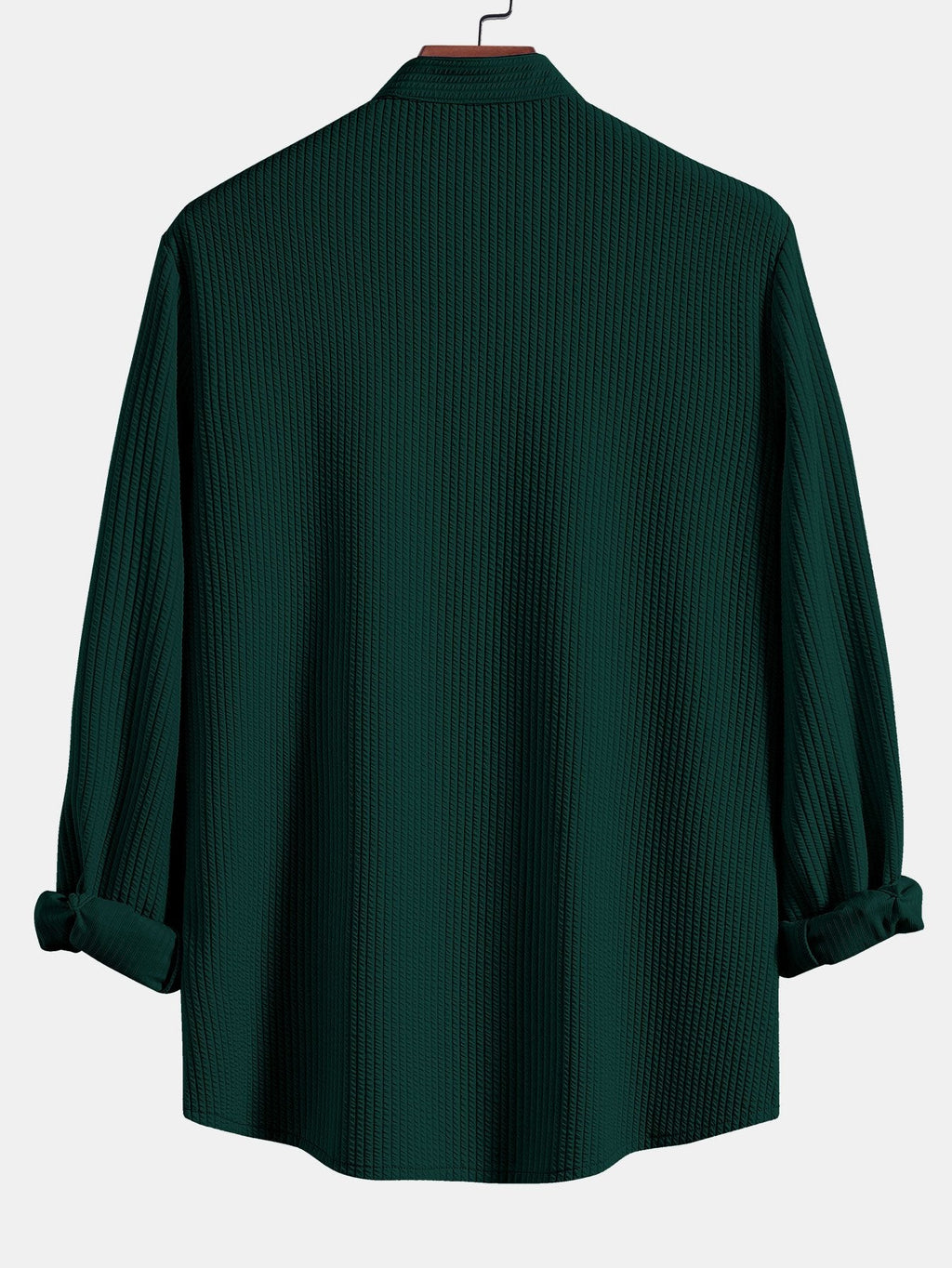 Camisa de manga larga acanalada verde, cuello de pie, vista trasera
