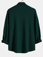 Camisa de manga larga acanalada verde, cuello de pie, vista trasera