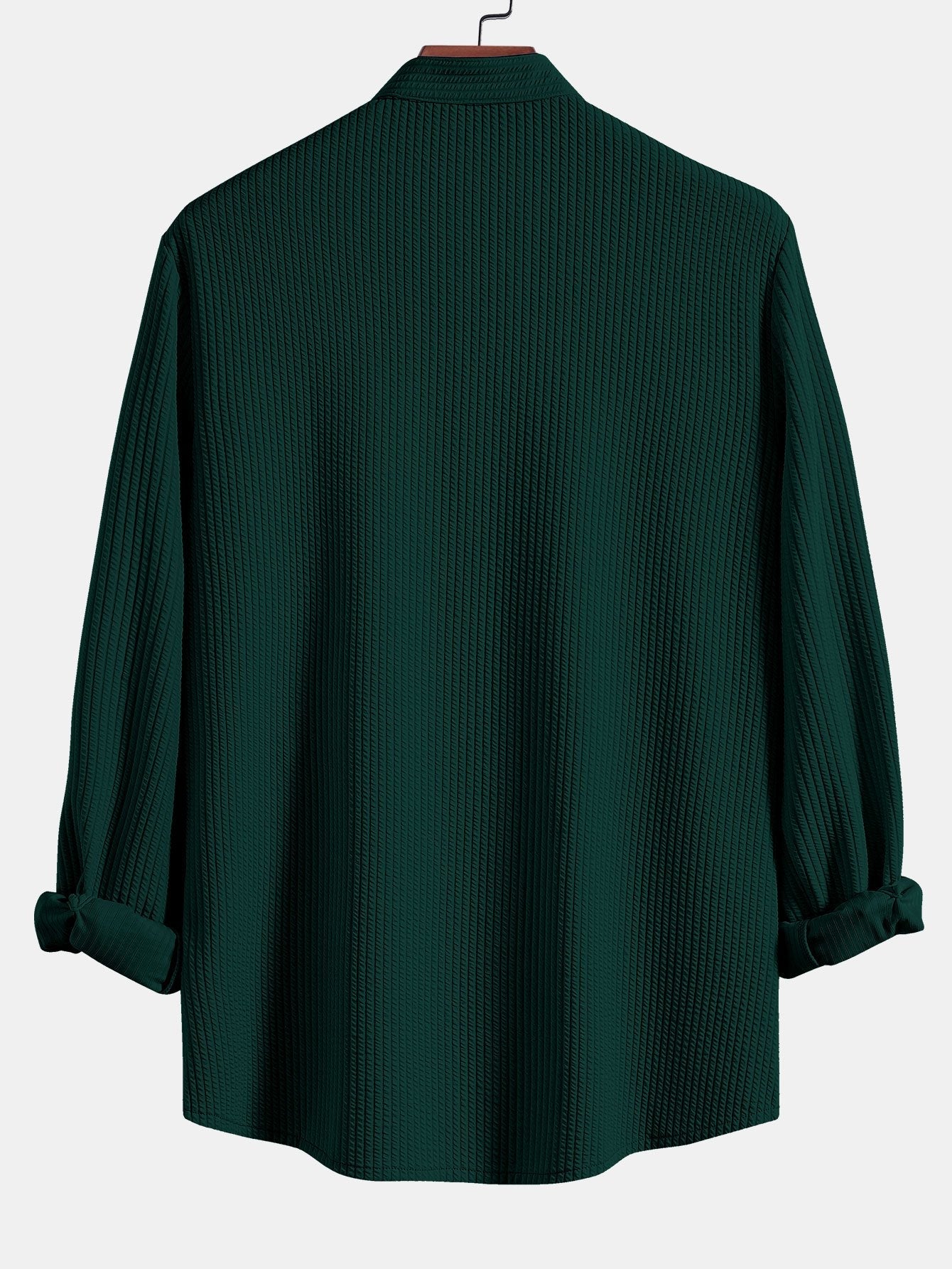 Camisa de manga larga acanalada verde, cuello de pie, vista trasera