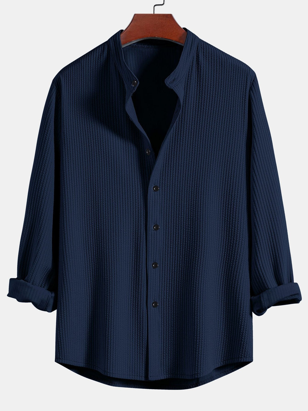 Camisa acanalada azul marino de manga larga, cuello de pie y botones