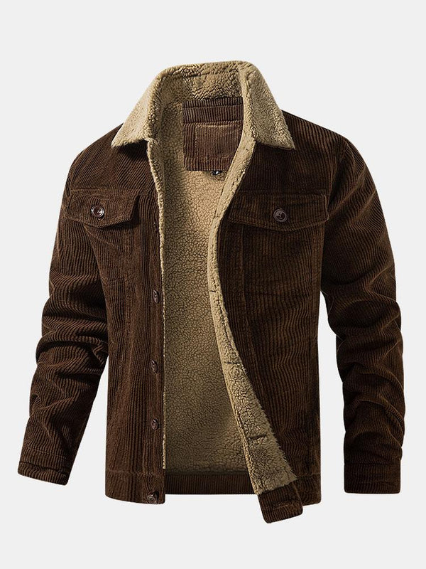 Chaqueta pana teddy color café con cuello y forro sherpa beige, cierre con botones