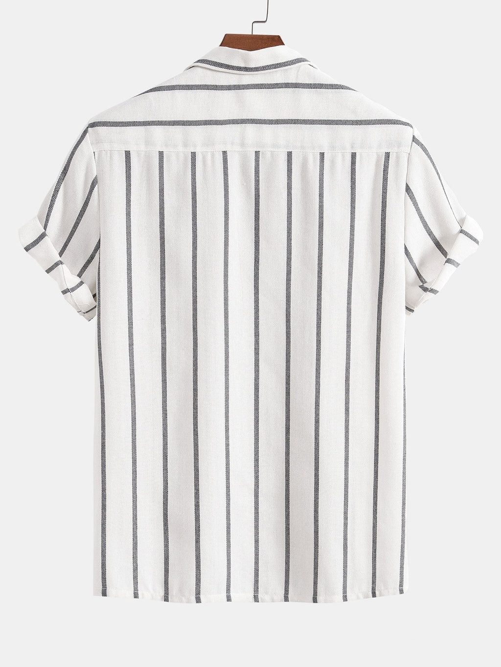 Camisa cubana blanca y gris a rayas verticales, parte trasera con cuello abierto