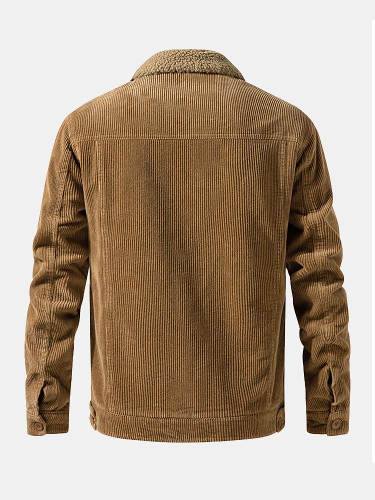 Chaqueta pana teddy camel, vista trasera con cuello sherpa y puños con botones