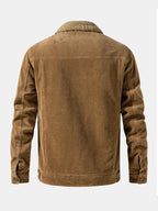 Chaqueta pana teddy camel, vista trasera con cuello sherpa y puños con botones