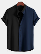 Camisa bicolor acanalada de dos tonos negro y azul marino, corte entallado.