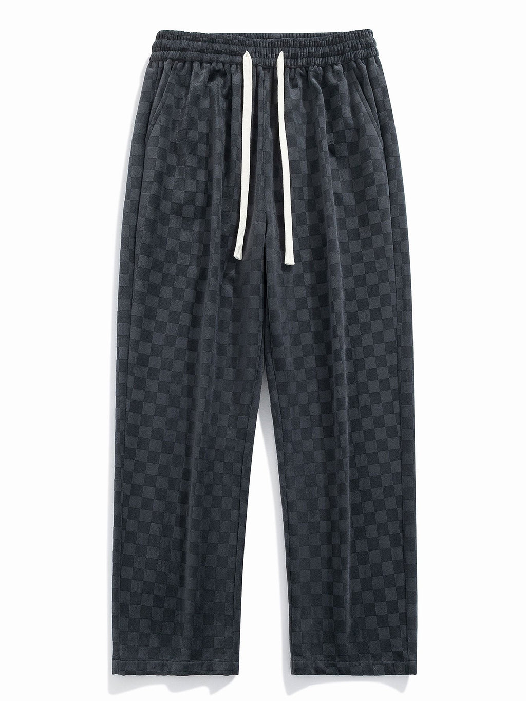 Pantalón recto oscuro con patrón damero, cintura elástica y cordón blanco.