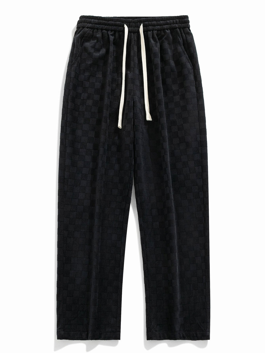 Pantalón recto texturizado negro con cordón en cintura elástica y bolsillos