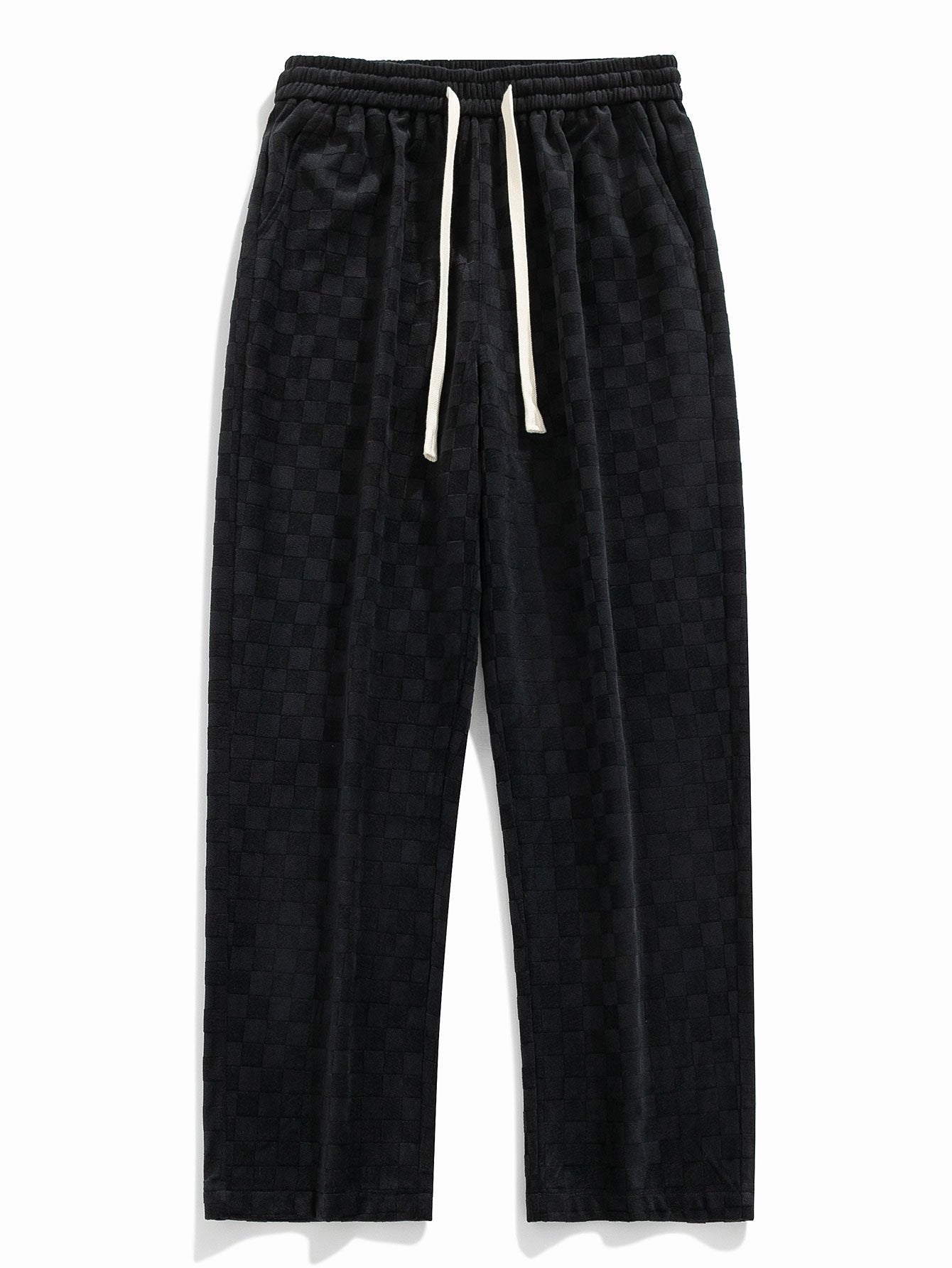 Pantalón recto texturizado negro con cordón en cintura elástica y bolsillos