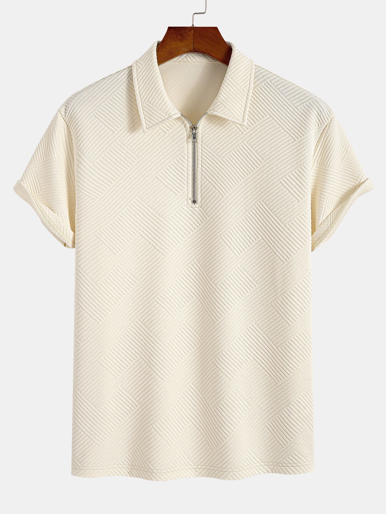 Polo con cremallera, tejido jacquard a rayas, beige