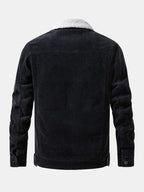 Chaqueta pana teddy negra, vista trasera con cuello sherpa y dobladillo acanalado