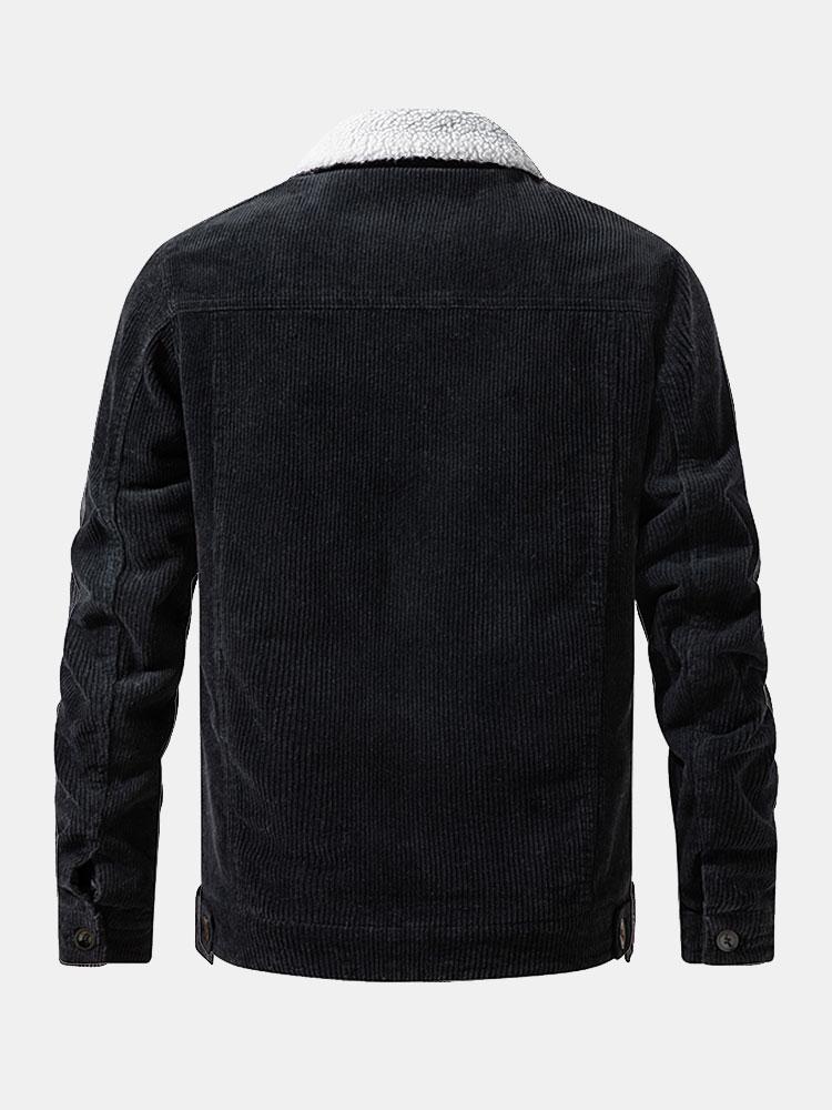 Chaqueta pana teddy negra, vista trasera con cuello sherpa y dobladillo acanalado