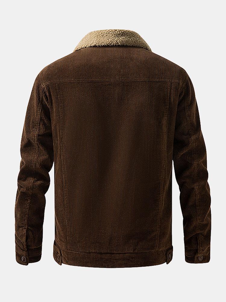 Chaqueta pana teddy color café, vista trasera con cuello sherpa y puños abotonados