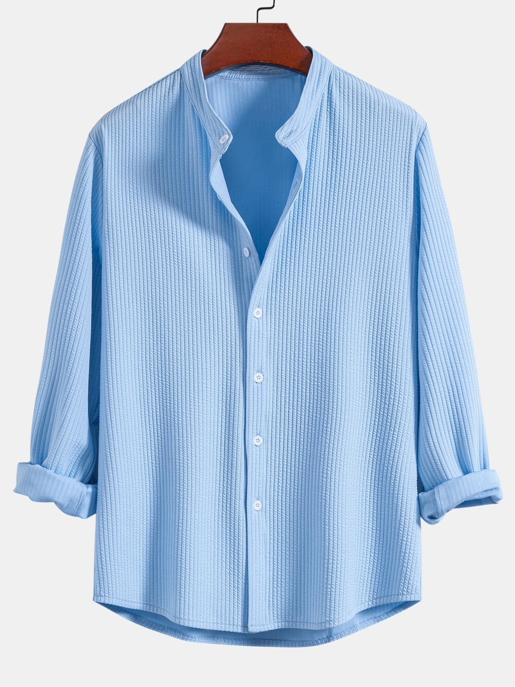 Camisa acanalada celeste de cuello de pie y abotonado frontal, manga larga