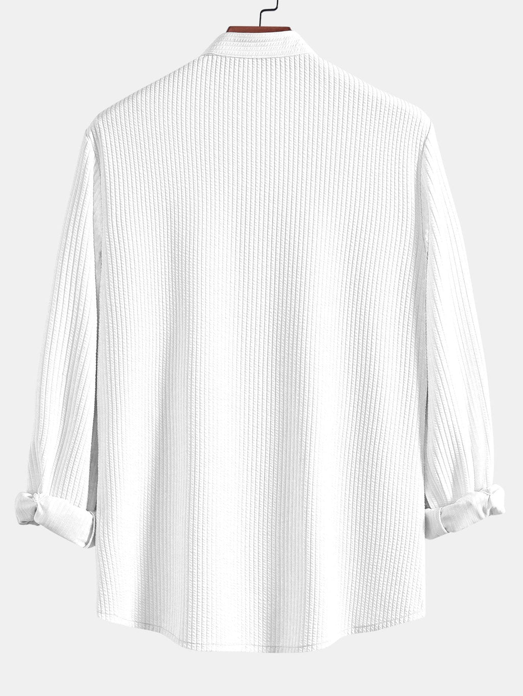 Camisa de manga larga acanalada blanca, cuello de pie, vista trasera
