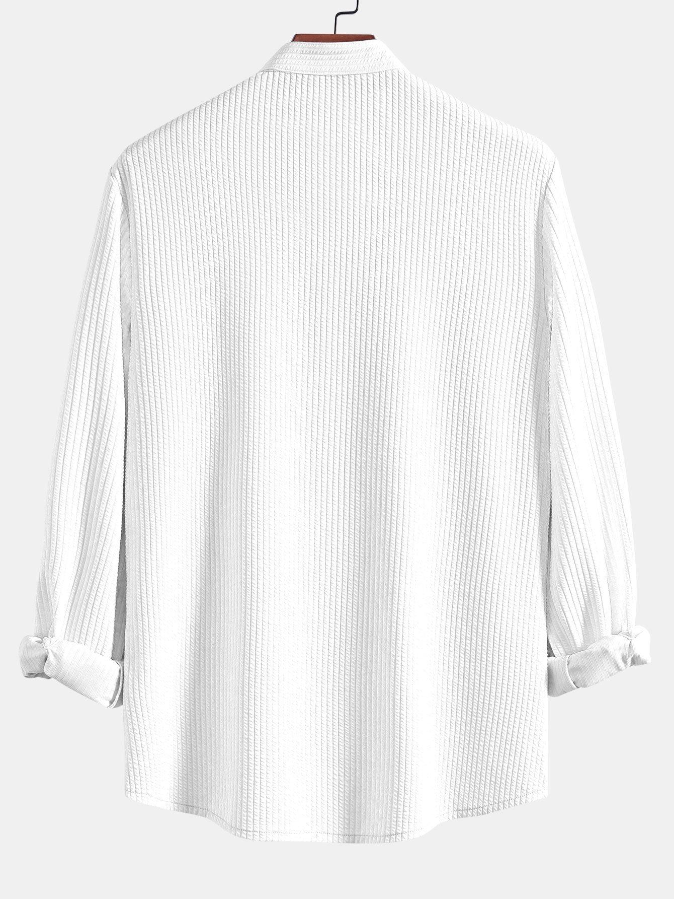 Camisa de manga larga acanalada blanca, cuello de pie, vista trasera