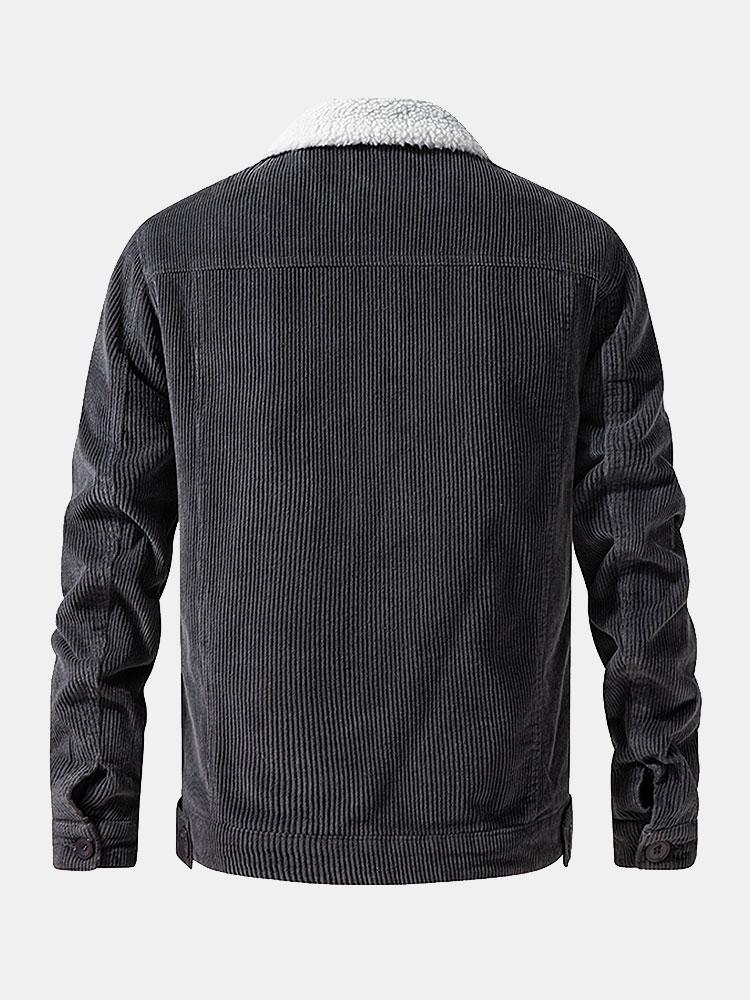 Chaqueta pana teddy gris oscuro con forro sherpa claro y botones en puños