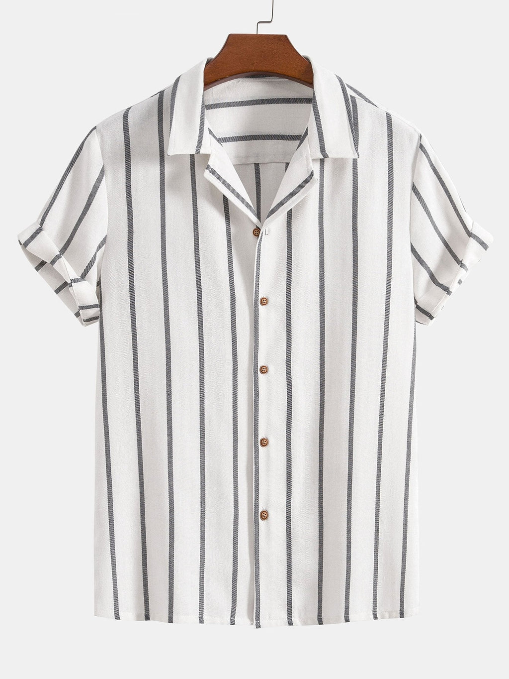 Camisa cubana a rayas verticales blanco y gris, con botones de madera