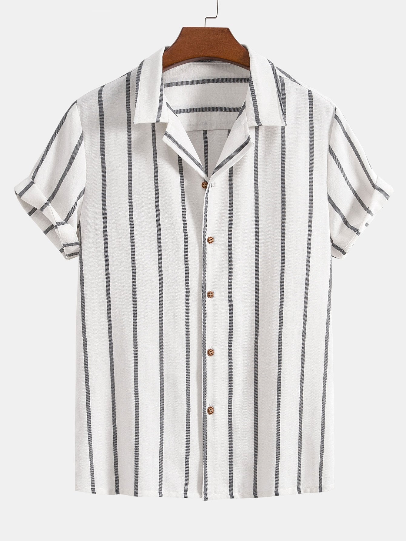 Camisa cubana a rayas verticales blanco y gris, con botones de madera
