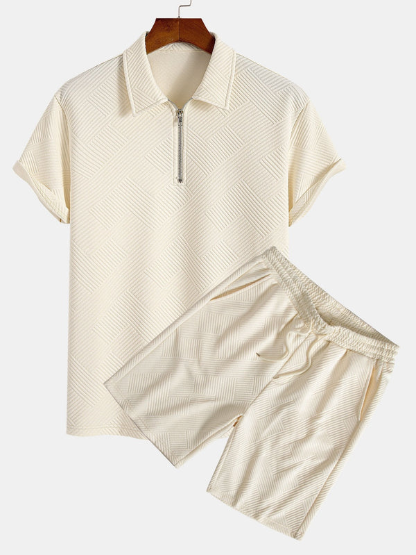 Conjunto de polo con cremallera y pantalón corto jacquard a rayas, beige