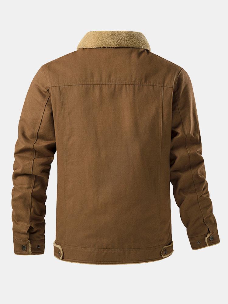 Chaqueta tipo chino con borreguito, vista trasera, marrón, cuello forrado y botones