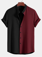 Camisa bicolor acanalada de dos tonos negro y burdeos, corte entallado.