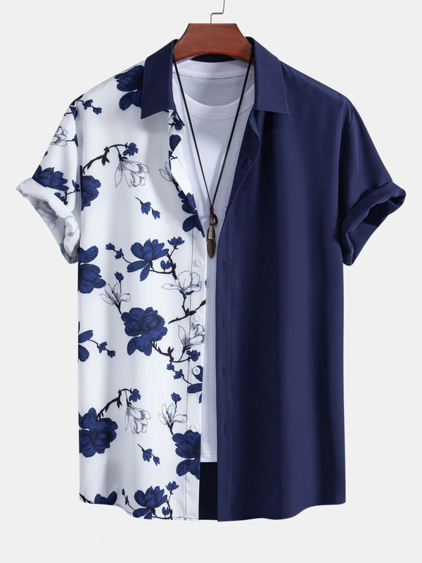 Camisa azul marino de mangas cortas con botones y estampado floral blanco y azul