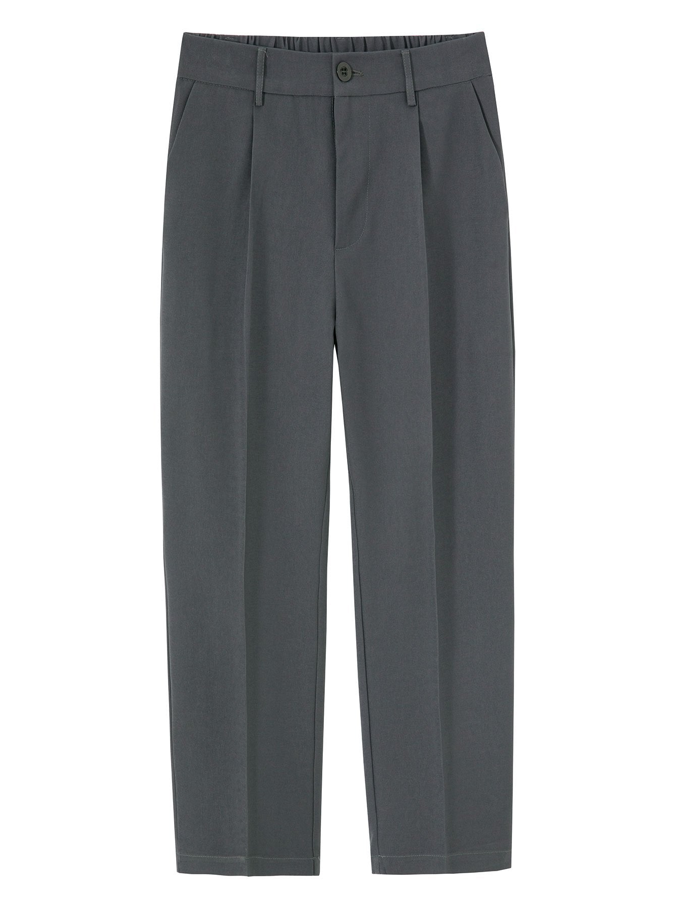 Pantalón recto relax gris con cintura elástica y cierre con botón