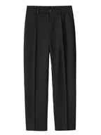 Pantalón recto relajado negro, vista frontal: cintura con trabillas y pierna amplia.